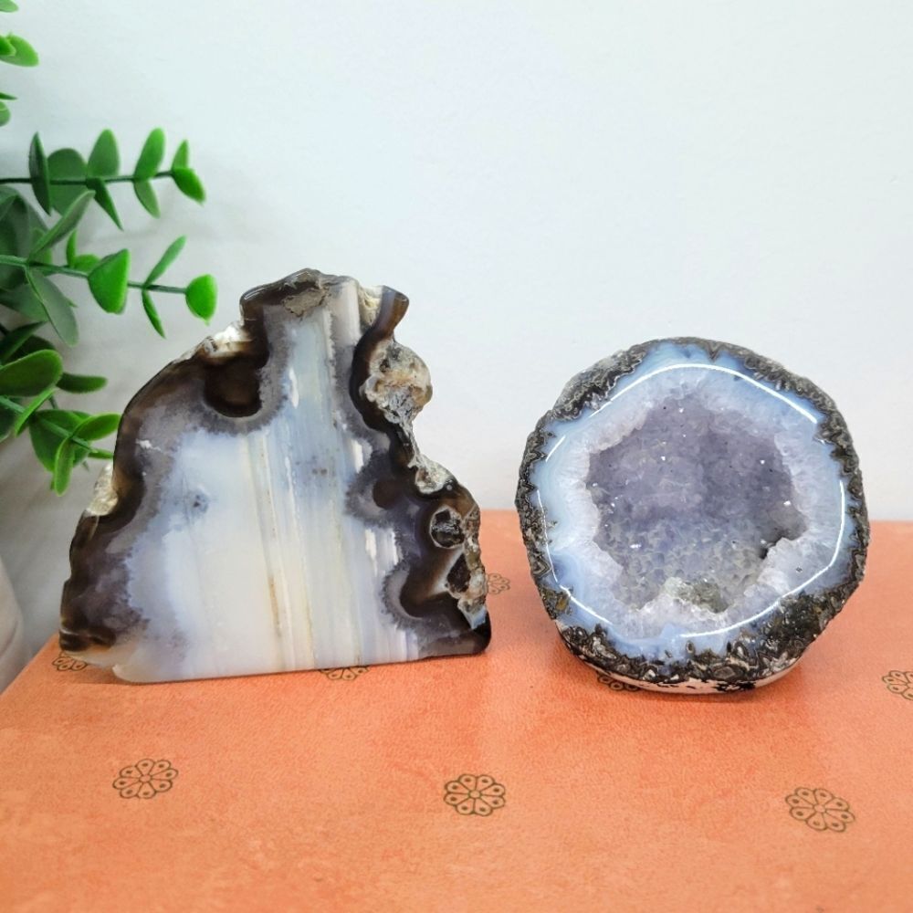 Natural Agate & Amethyst Geode Pair – Polished Crystal Décor Set